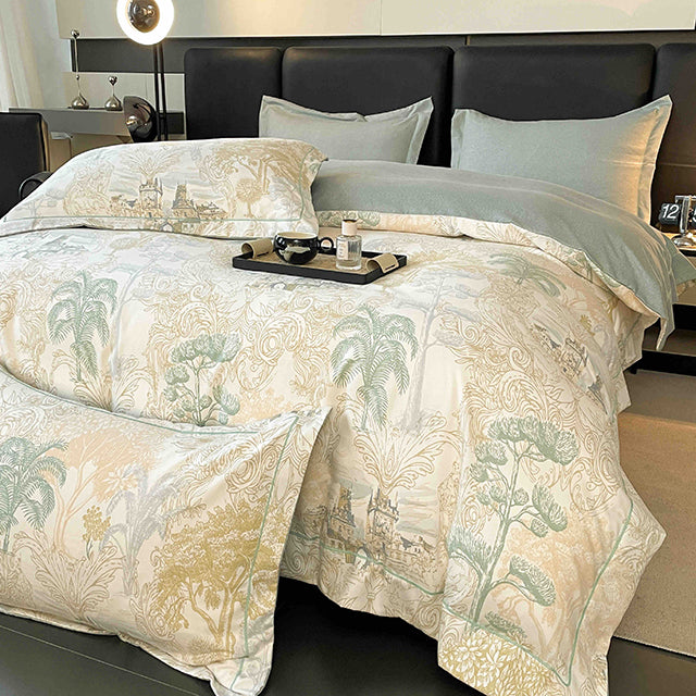 Спално бельо от бархет с ластик - цвят крем и зелено с пейзаж