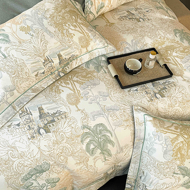 Спално бельо от бархет с ластик - цвят крем и зелено с пейзаж