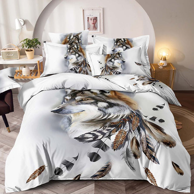 Единично спално бельо с ластик – бяло с вълк и пера
