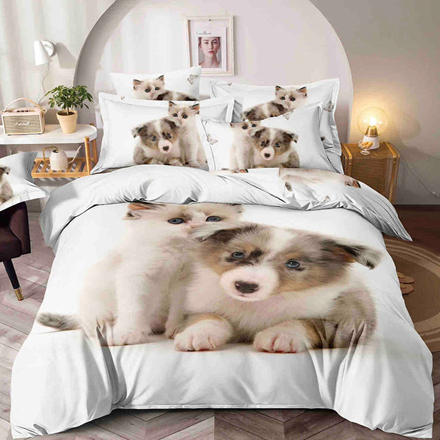 Единично спално бельо с ластик – бяло с котенце и кученце