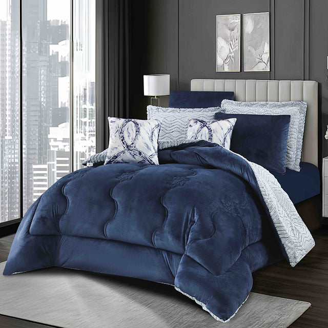 Луксозно спално бельо с изкуствен заешки косъм и кадифе - бяло и тъмносиньо - FX-05