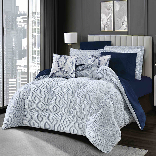 Луксозно спално бельо с изкуствен заешки косъм и кадифе - бяло и тъмносиньо