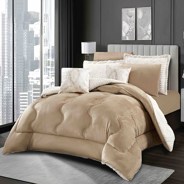 Луксозно спално бельо с изкуствен заешки косъм и кадифе - бяло и бежово - FX-08