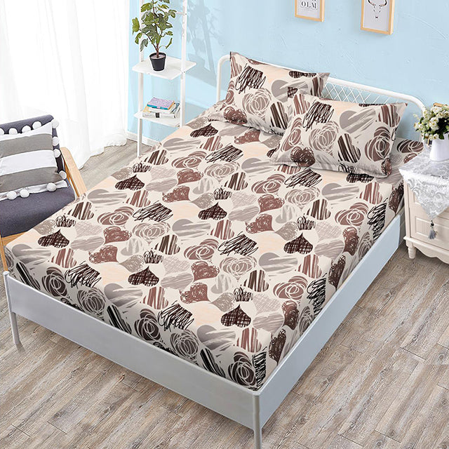 Спално бельо с ластик – бежово с кафяви и сиви сърца