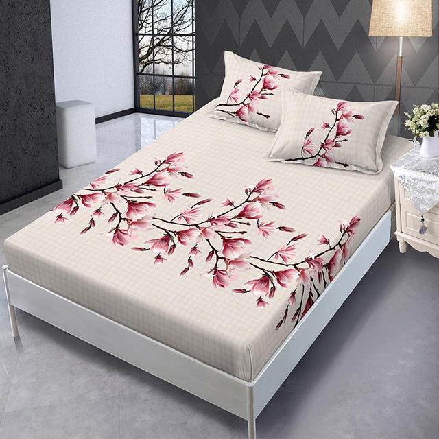 Спално бельо с ластик – бежово с клонки розови цветя