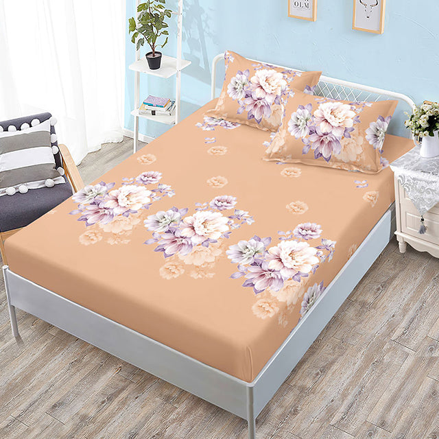 Спално бельо с ластик – оранжево с цветя