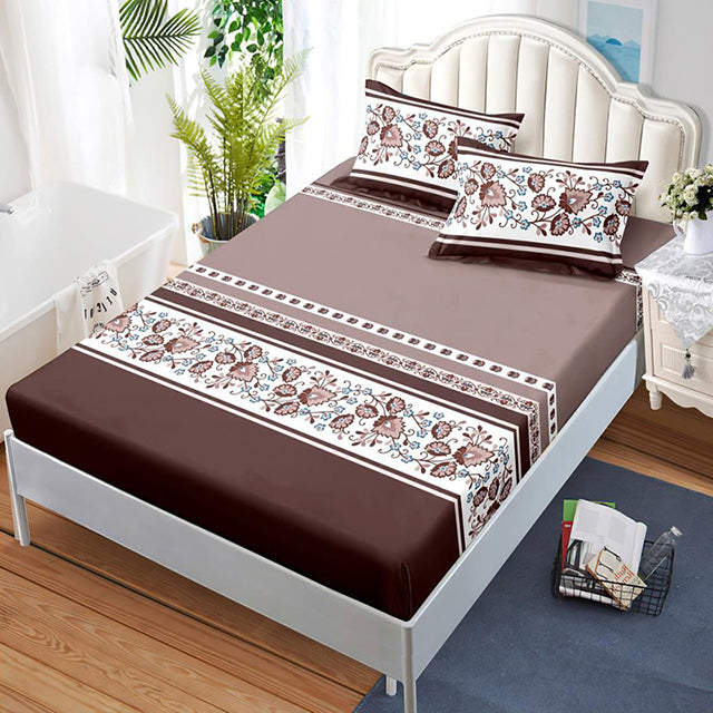 Спално бельо с ластик – кафяво с цветя и орнаменти