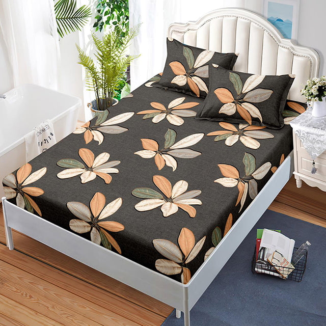 Спално бельо с ластик – цвят графит с екзотични листа