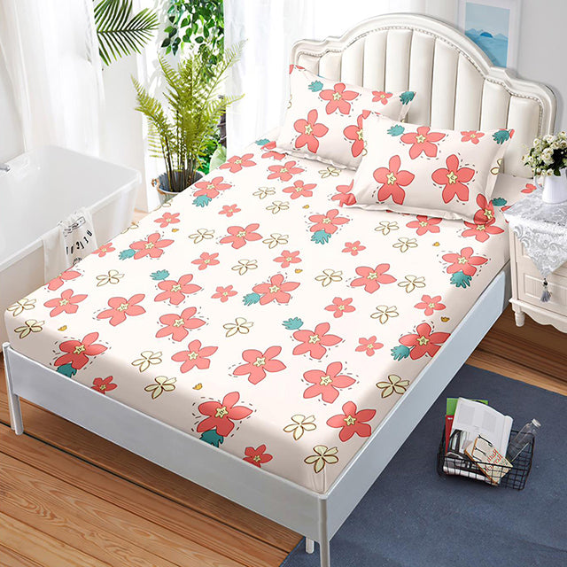 Спално бельо с ластик – светлооранжево с червени цветя