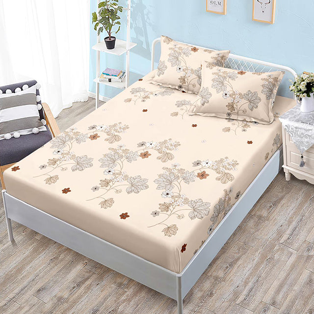 Спално бельо с ластик – бежово с клонки и цветя