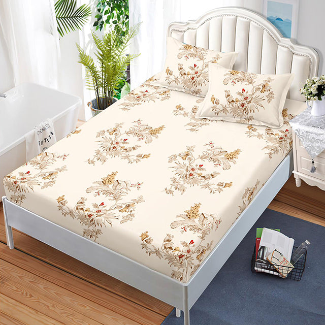 Спално бельо с ластик – бежово с венчета