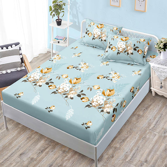 Спално бельо с ластик – синьо с оранжеви и бели цветя