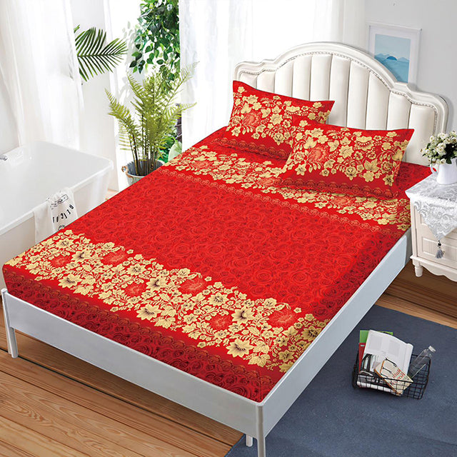 Спално бельо с ластик – червено със златни цветя