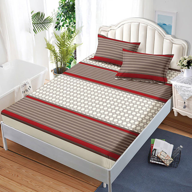 Спално бельо с ластик – бежово-кафяво с линии и мрежа