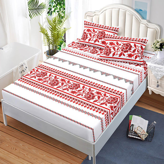 Спално бельо с ластик – бяло с рози и шевици