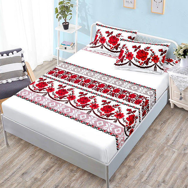 Спално бельо с ластик – бяло с червени рози и орнаменти