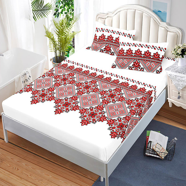 Спално бельо с ластик – бяло с червени ромбоиди и цветя