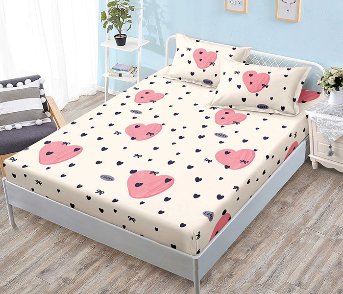 Спално бельо с ластик - цвят крем със сърца и панделки