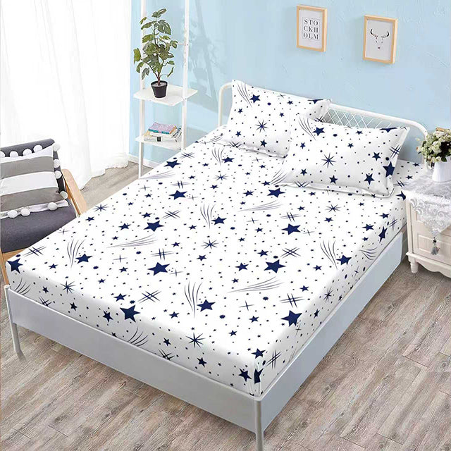 Спално бельо с ластик - бяло със звезди