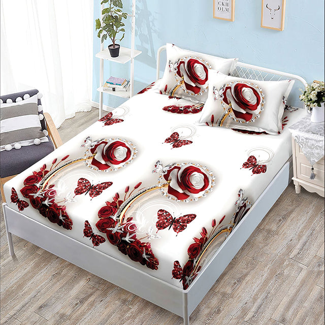 Спално бельо с ластик - бяло с червени рози и пеперуди
