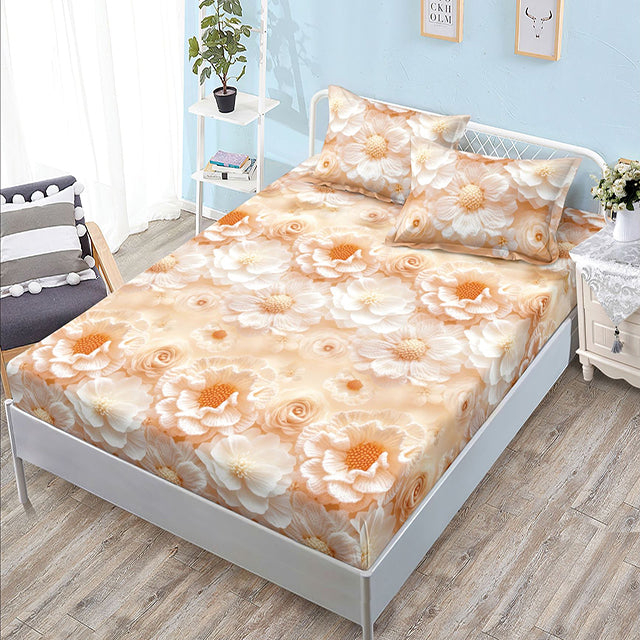 Спално бельо с ластик - цвят крем с цветя