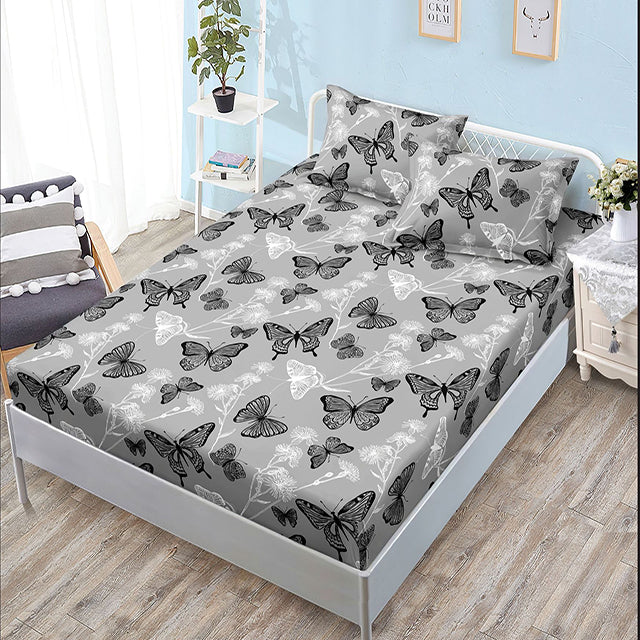 Спално бельо с ластик - сиво с пеперуди