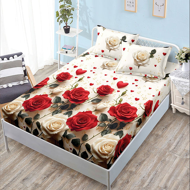 Спално бельо с ластик - цвят крем с рози и сърца