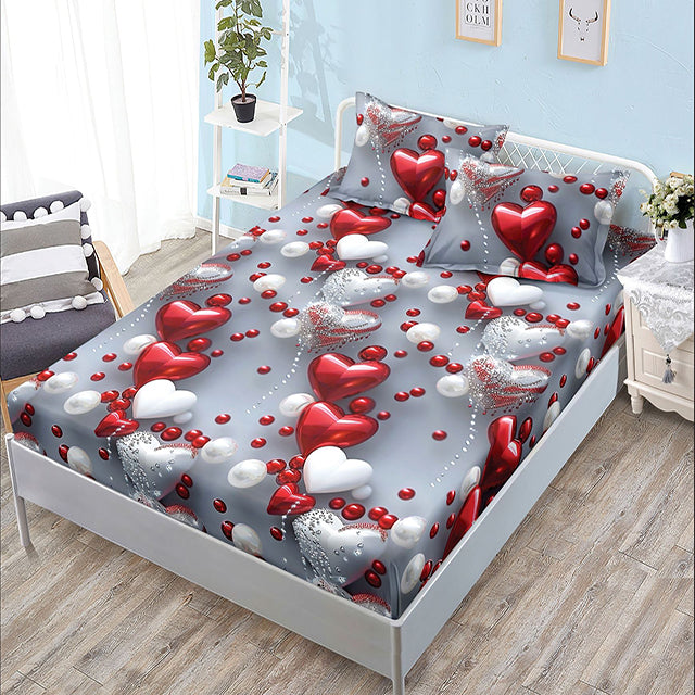Спално бельо с ластик - сиво със сърца - JE-21