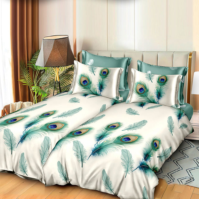 Спално бельо с 2 плика - бяло и зелено с пера