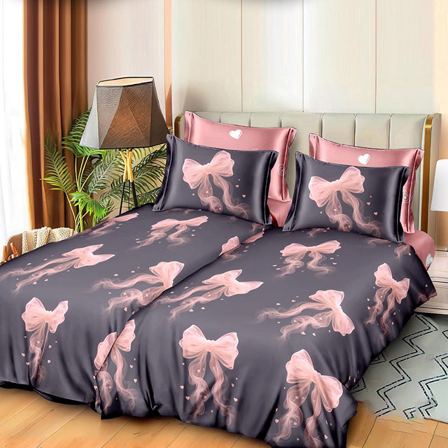 Спално бельо с 2 плика - сиво и розово с панделки