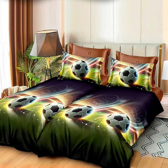 Спално бельо с 2 плика - зелено, сиво и кафяво с футболен мотив