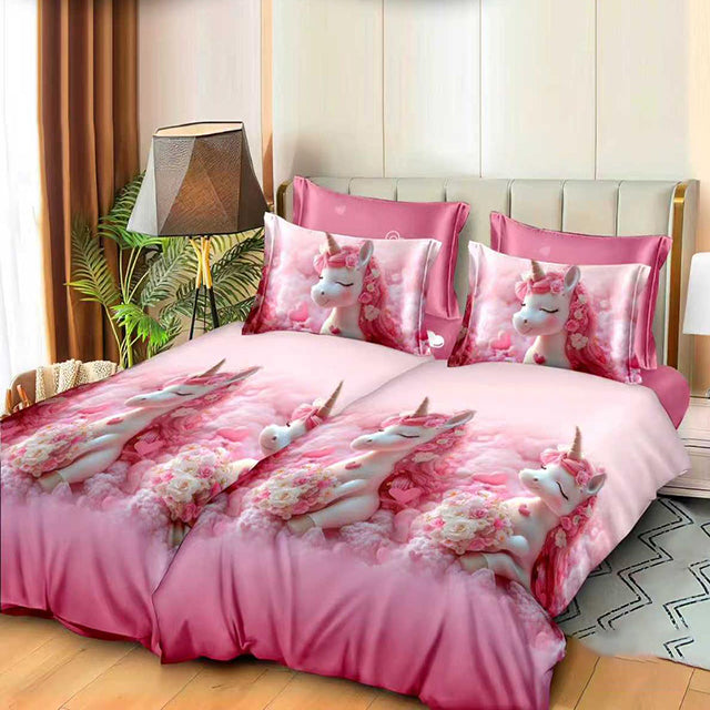 Спално бельо с 2 плика - розово с еднорози