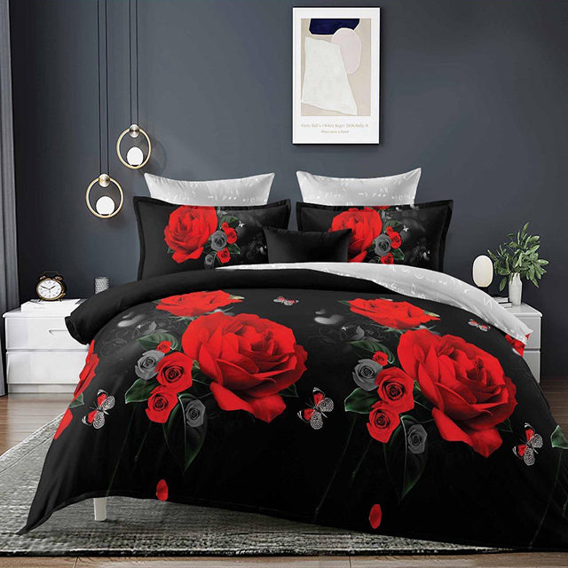 Спално бельо с ластик - черно и сиво с червени рози и пеперуди
