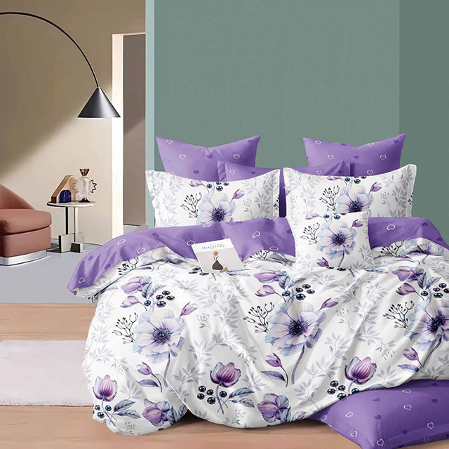 Спално бельо с ластик - бяло и лилаво с флорален мотив