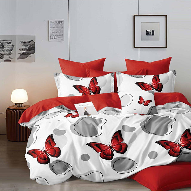 Спално бельо с ластик - бяло и червено с пеперуди и кръгове