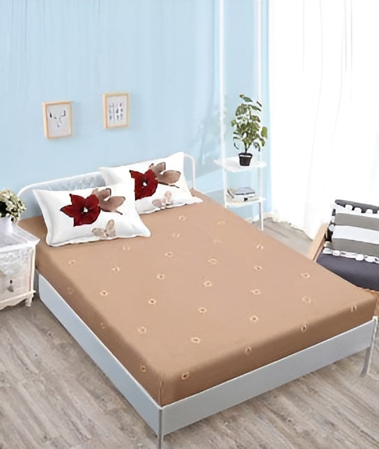 Спално бельо с ластик - бяло и кафяво с цветя и пеперуди