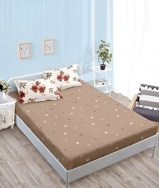 Спално бельо с ластик - бяло и кафявo с цветя и листа