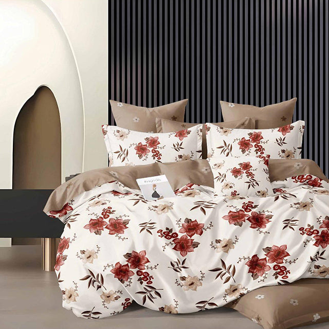 Спално бельо с ластик - бяло и кафявo с цветя и листа