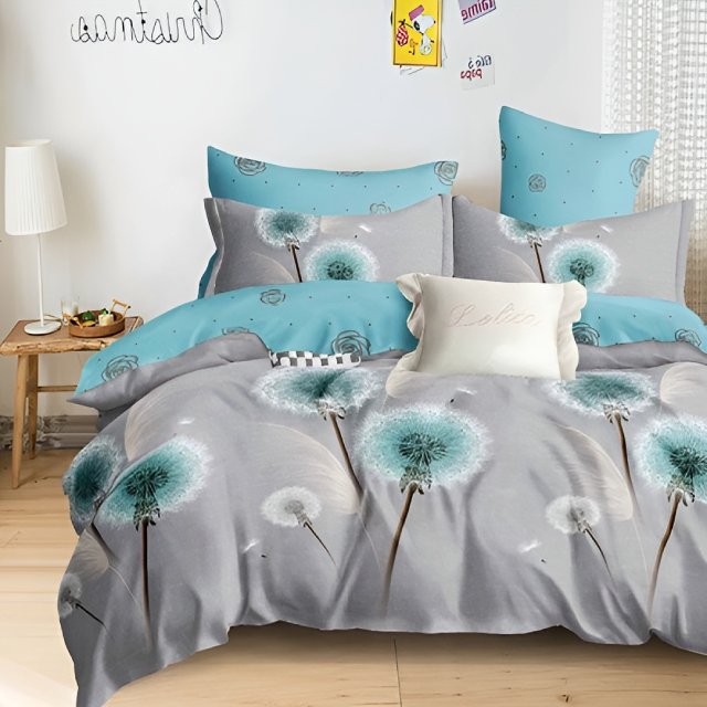 Спално бельо с ластик от 100% памук - Сиво и синьо с глухарчета