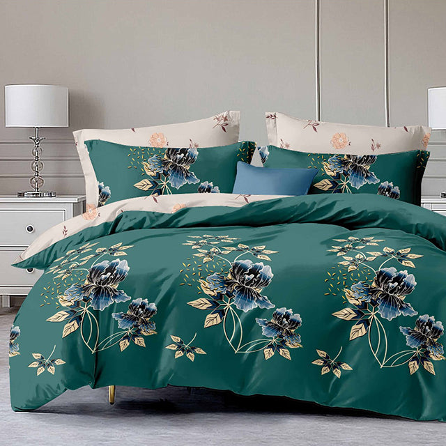 Спално бельо с ластик - тъмнозелено и цвят крем с цветя