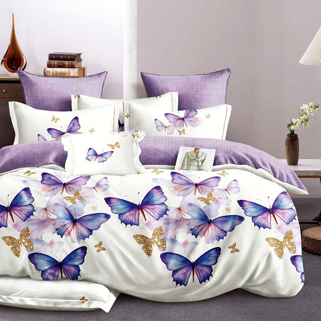 Спално бельо с ластик - бяло и лилаво с пеперуди