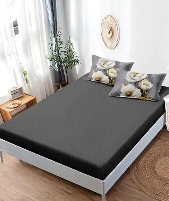 Спално бельо с ластик - сиво с красиви цветя