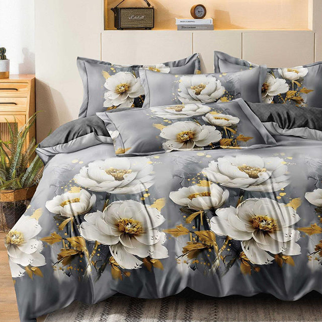 Спално бельо с ластик - сиво с красиви цветя