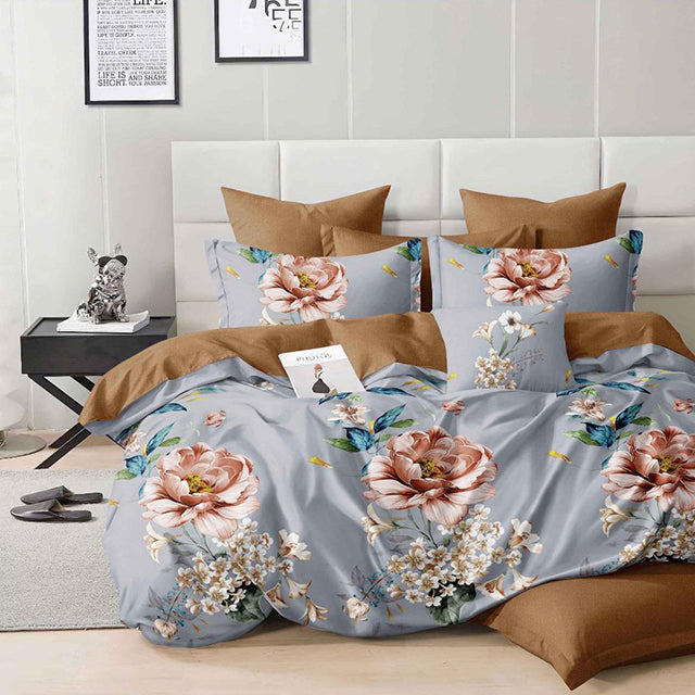Спално бельо с ластик - светлосиньо и кафяво с цветя