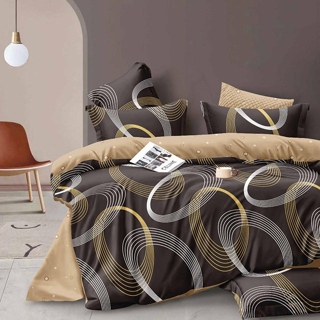 Спално бельо с ластик - тъмнокафяво и бежово с геометрични фигури