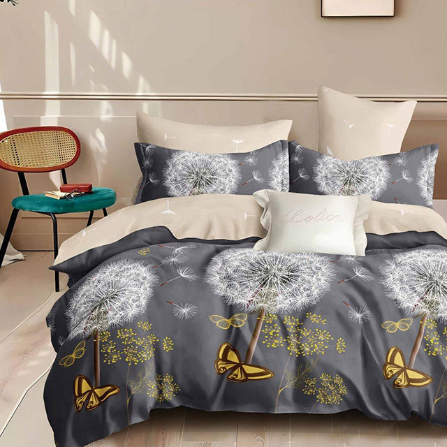 Спално бельо с ластик - тъмносиво и екрю с глухарчета и пеперуди