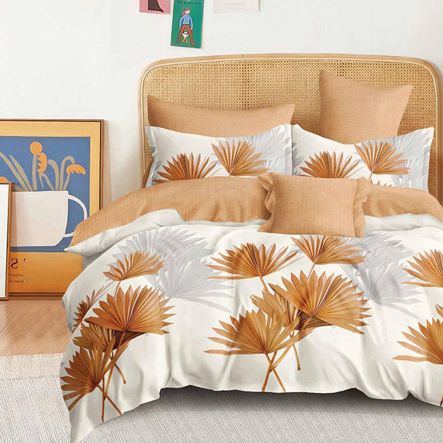 Спално бельо с ластик - бяло и оранжево с цветя