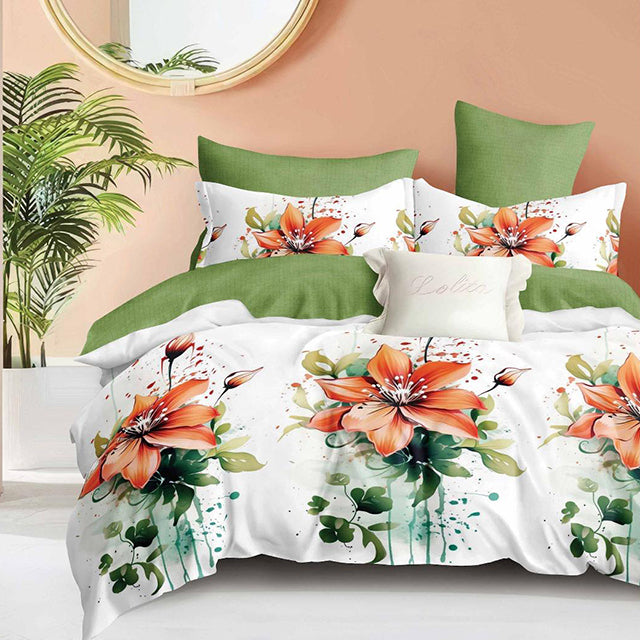 Спално бельо с ластик - бяло и зелено с екзотични цветя
