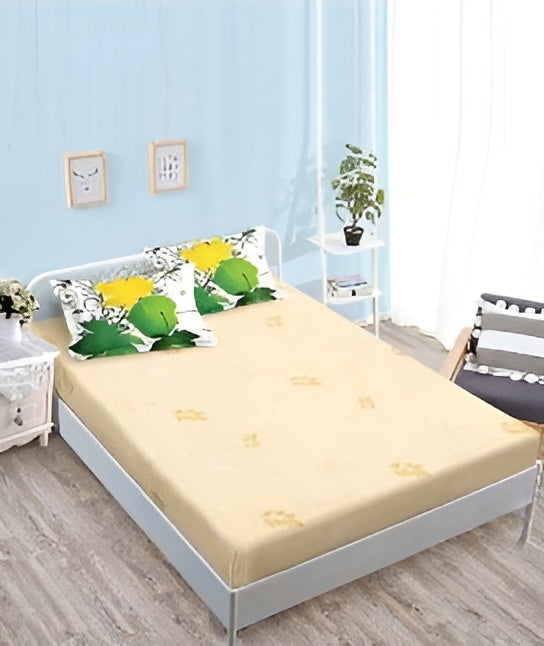 Спално бельо с ластик - бяло и бежово с листа