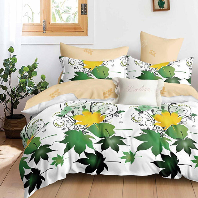 Спално бельо с ластик - бяло и бежово с листа